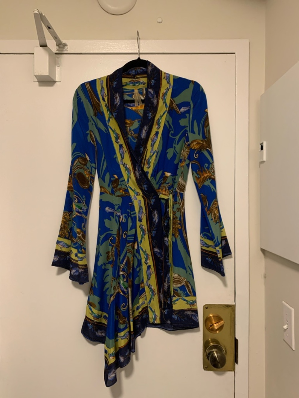 100 silk Blue & Green Printed Wrap dress